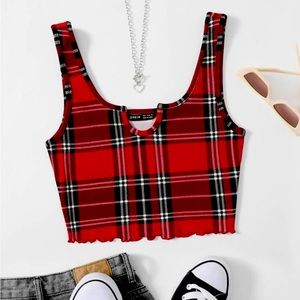 Shein Both Neck Lettuce Trim Plaid Crop Top